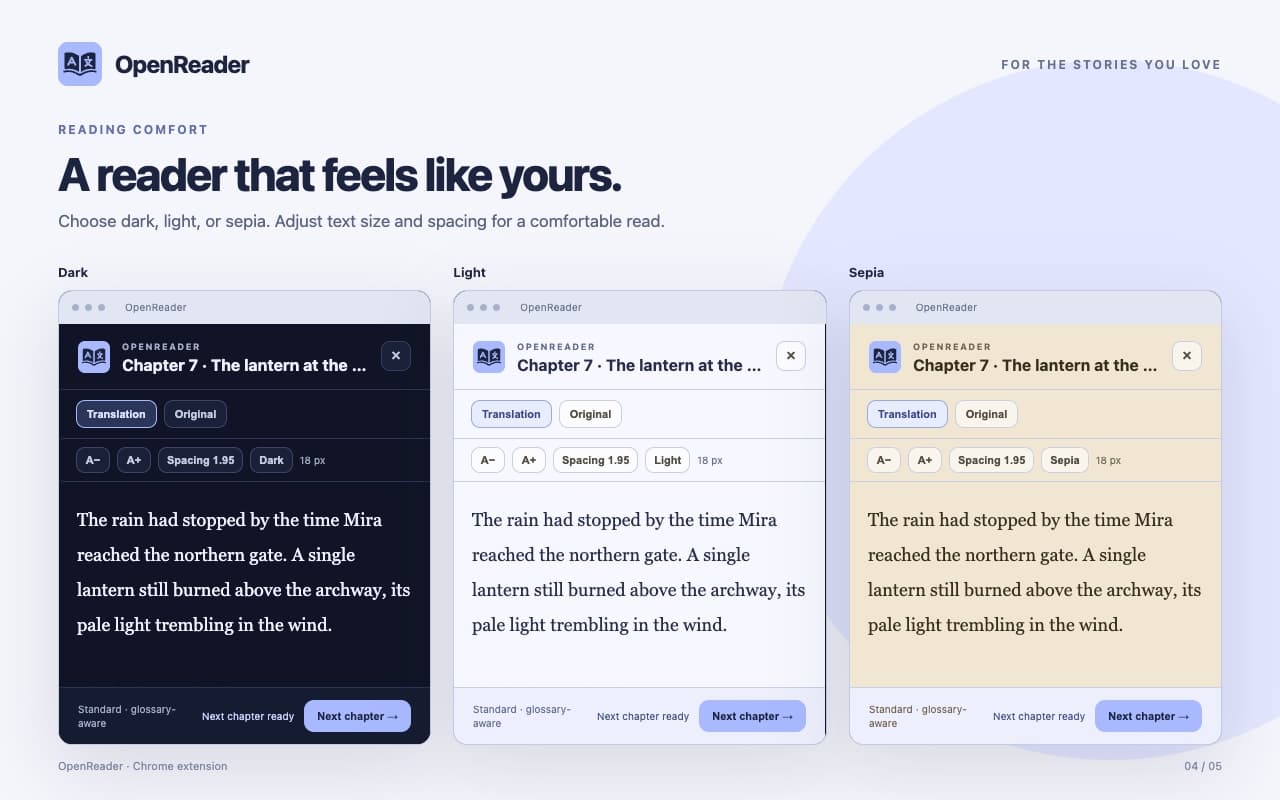 OpenReader with dark, light, and sepia reading themes